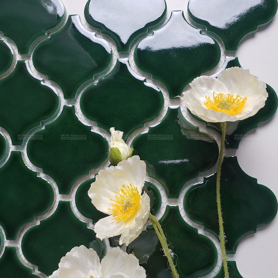 Premium Glazed Tropical Green Lantern Arabesque Porcelain Mosaic Tiles For Bathroom Kitchen Backsplash Interior Wall Cladding