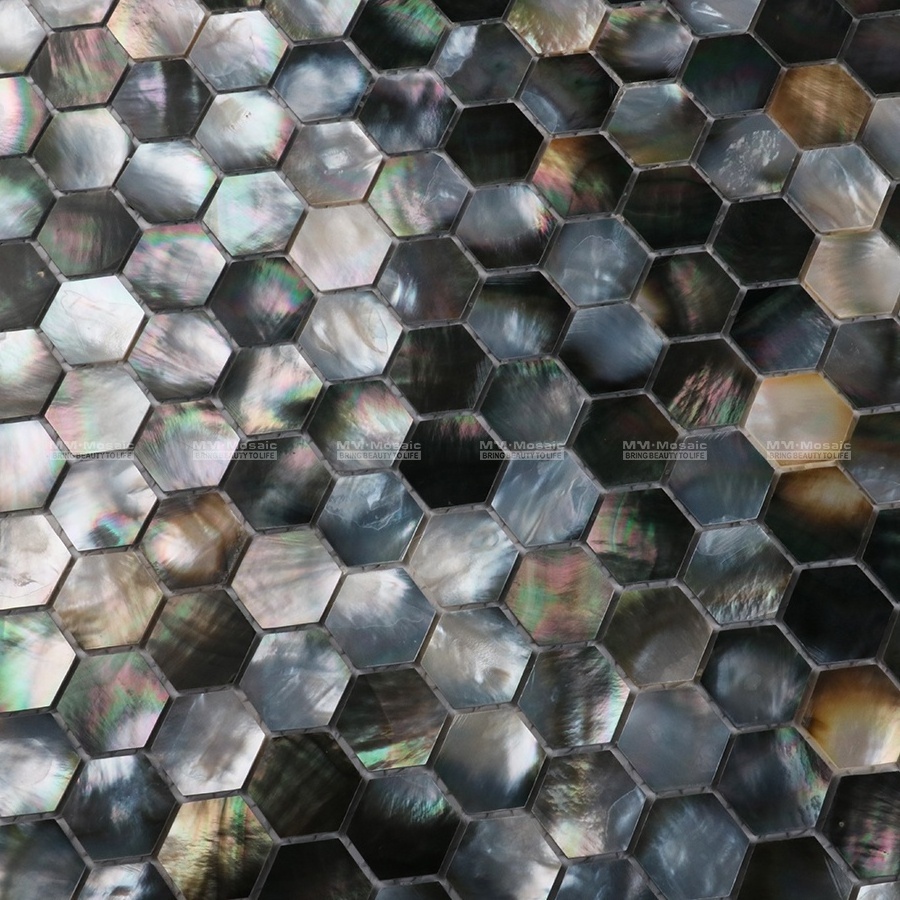 High-End Iridescent Black Lip Hexagon Mother Of Pearl Wall Mosaic Tiles For Commercial Hotel Restaurant Project