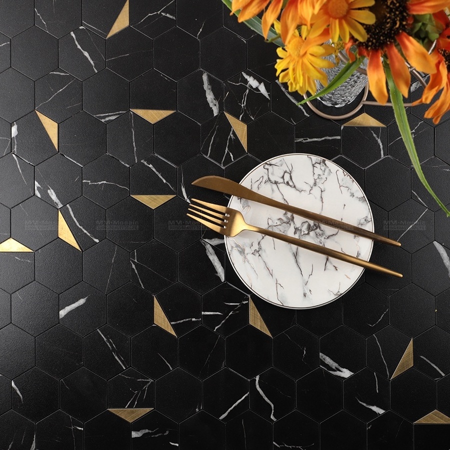 Stick On Self Adhesive Vinyl Pvc Composite Black Marble Hexagon Peel And Stick Mosaic Tiles For Kitchen Backsplash Bathroom Wall