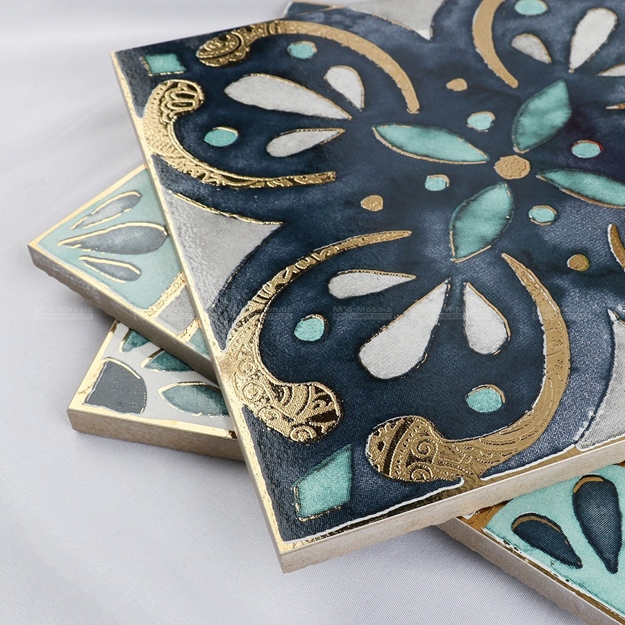 200*200mm Luxury Blue Gold Waterproof Anti Skid Porcelain Moroccan Floor And Wall Tiles For Bathroom Kitchen Decoration