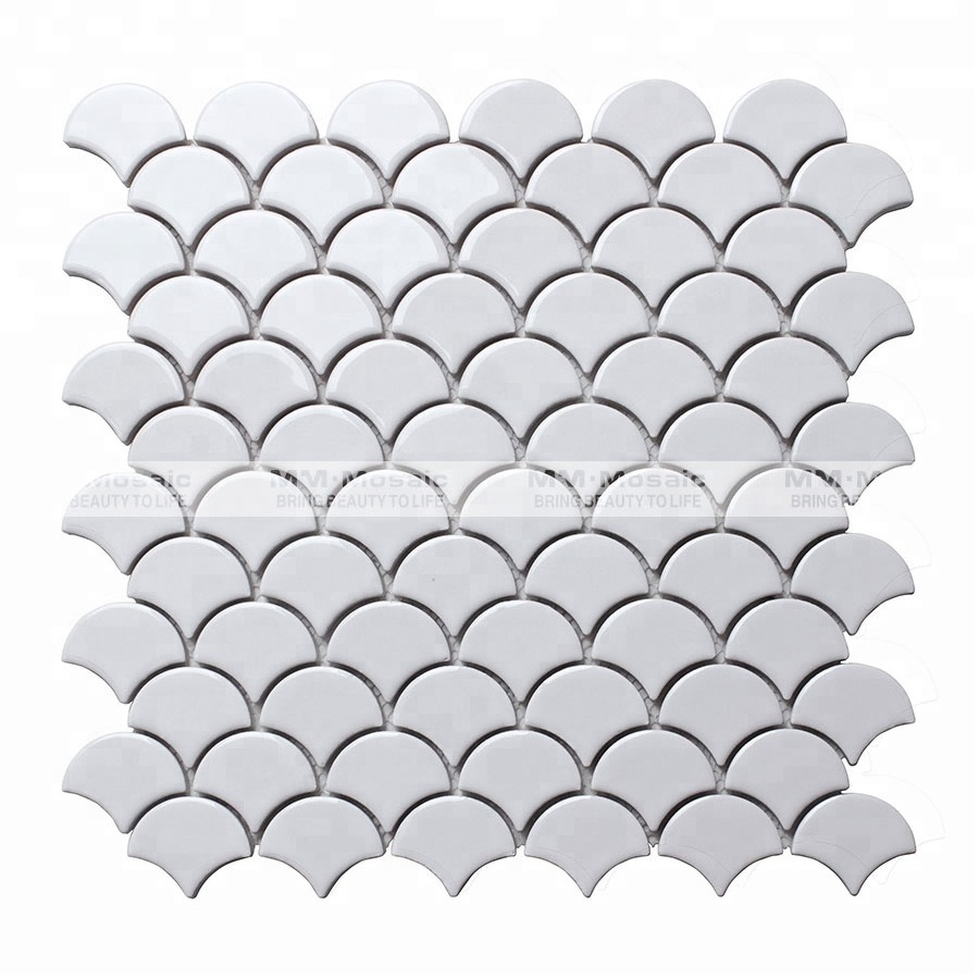 MM Mosaic Premium Mosaics Tile Supply Glossy Pure White Ceramic Fish Scale Tile For Bathroom Decoration