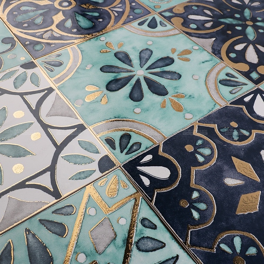 200*200mm Luxury Blue Gold Waterproof Anti Skid Porcelain Moroccan Floor And Wall Tiles For Bathroom Kitchen Decoration