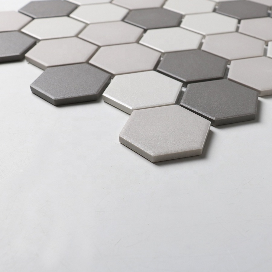 Free Sample China Wholesale Mixed Mozaic Flooring Design Cool Grey White Blend Fullbody Unglazed Porcelain Mosaic Tile Hexagon