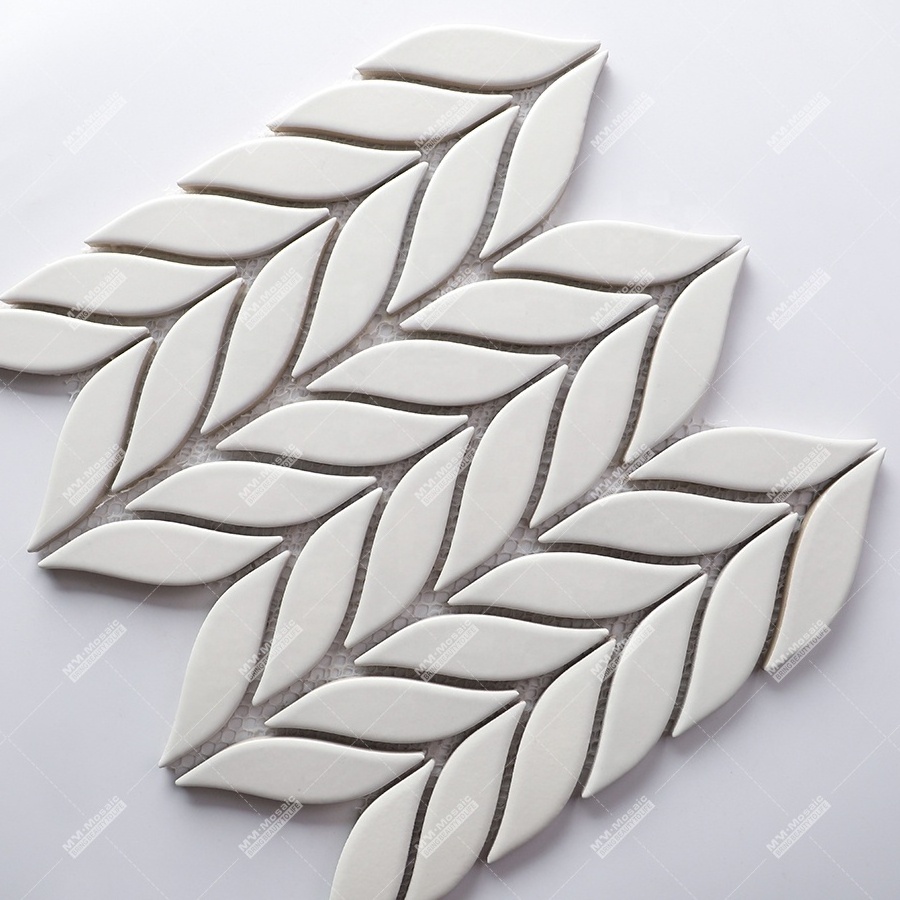 Foshan Cheap Factory Price Modern Leaf Shaped Porcelain Matte White Wall Shower Bathroom Decor Backsplash Kitchen Mosaic Tile