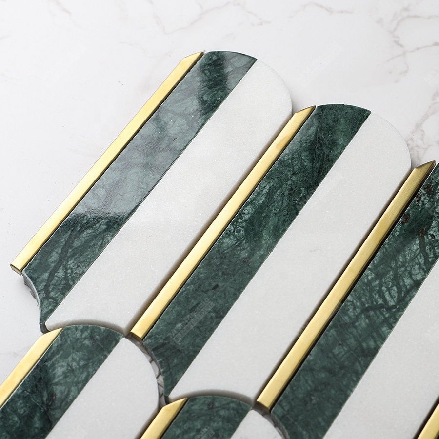 China Feather Shape Thassos White Mix Dark Green Gold Stainless Steel Brass Polished Marble Stone Waterjet Mosaic Wall Tiles