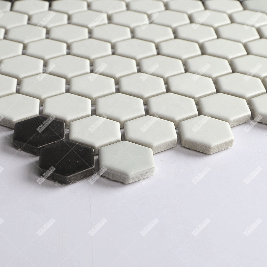 Customized Design Black White Hexagon Ceramic Tiles Art Mosaic Pattern Floor Mural For Hotel Kitchen Bathroom Backsplash Wall