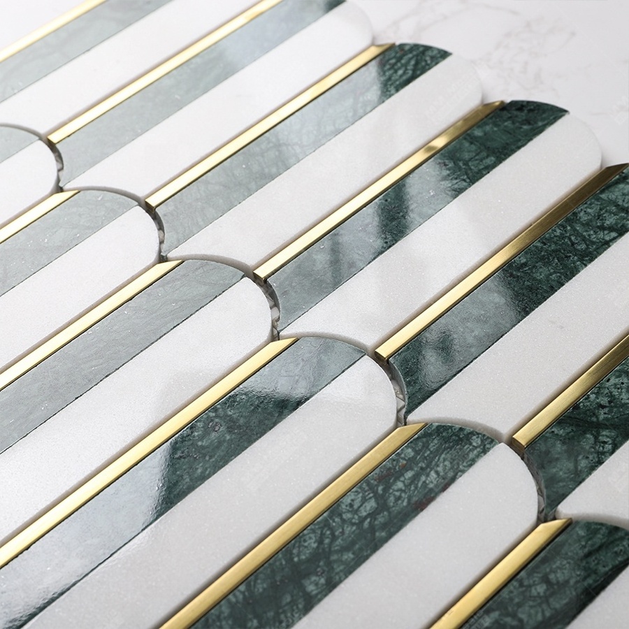 China Feather Shape Thassos White Mix Dark Green Gold Stainless Steel Brass Polished Marble Stone Waterjet Mosaic Wall Tiles