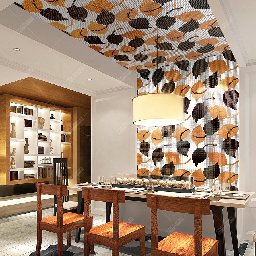 Hotel Restaurant Living Room Wall Project Foshan Supplies Custom Design Handmade Ceramic Mosaic Art Tile Mural Picture Leaves