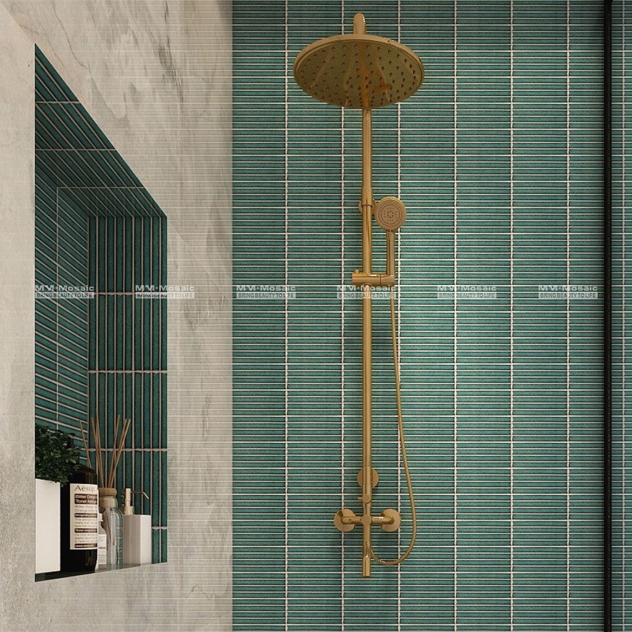 Premium modern bathroom shower wall backsplash 15x145mm porcelain glazed stackbond dark green finger mosaic tiles decorative