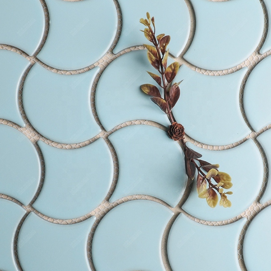 Distributor Wholesale Price Hot Sale Shower Bathroom Kitchen Backsplash Ceramic Glaze Fan Shape Mosaic Fish Scale Wall Tile Blue