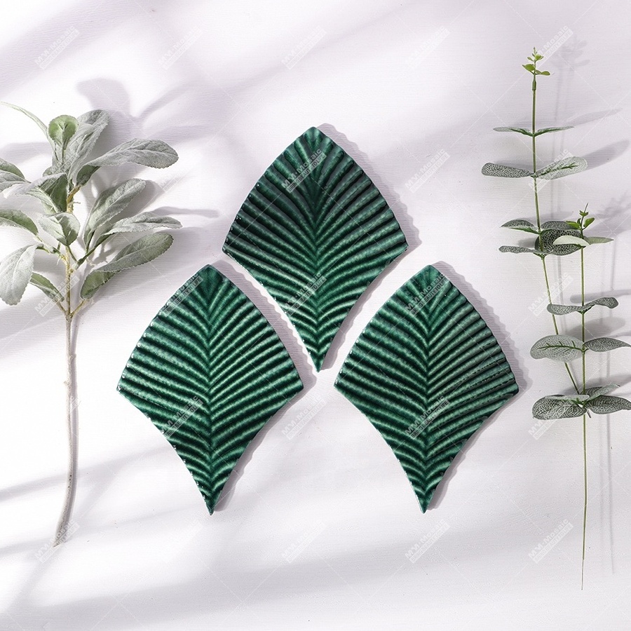 Modern Hand Made 3d Feather Leaf Shaped Crackle Glazed Green Ceramic Handmade Mosaic Tiles For Kitchen Bathroom Wall Backsplash