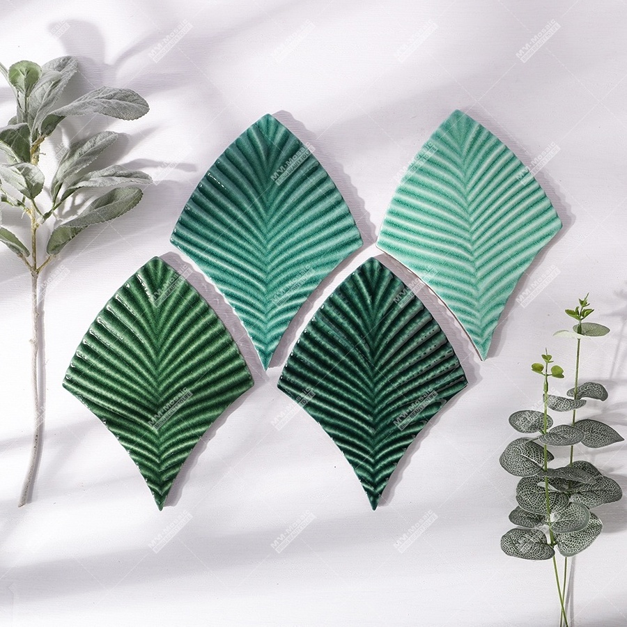 Modern Hand Made 3d Feather Leaf Shaped Crackle Glazed Green Ceramic Handmade Mosaic Tiles For Kitchen Bathroom Wall Backsplash