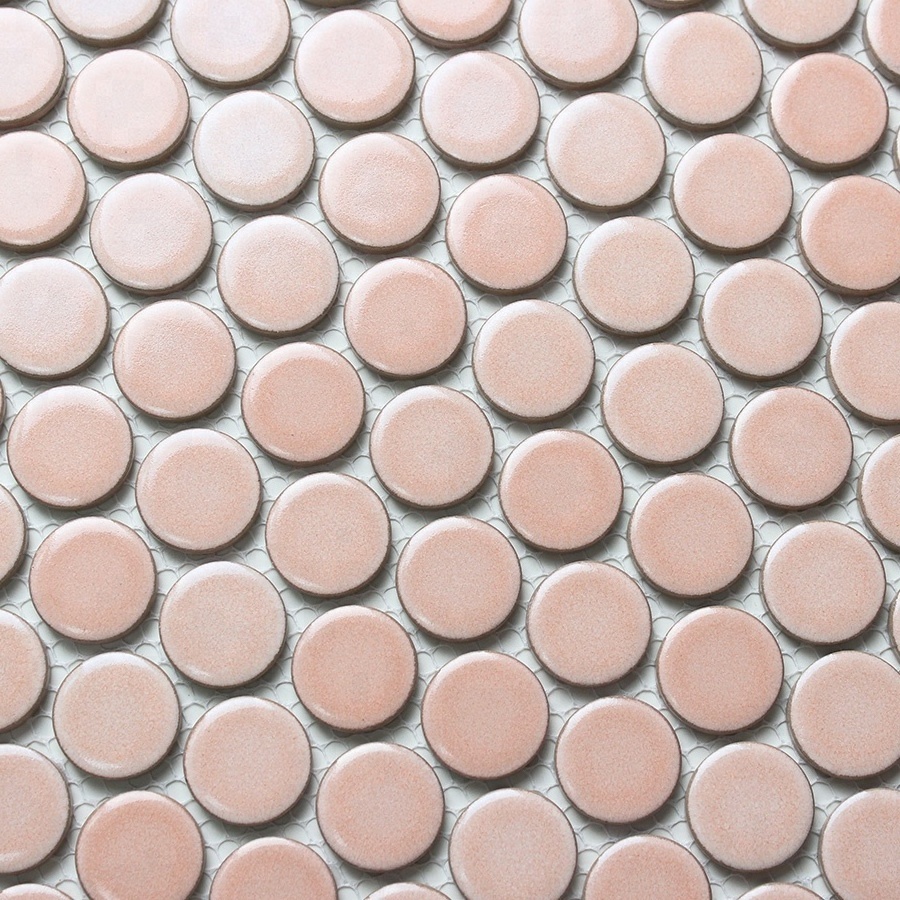 Foshan Nordic Kitchen Bathroom 28mm Penny Type Pink Backsplash Kiln Glazed Glossy Ceramic Wall Circular Round Mosaic Tile