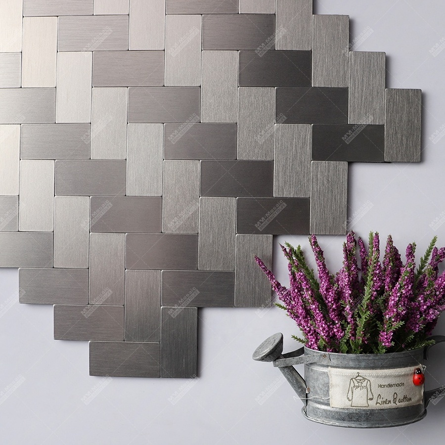 Herringbone Style Waterproof Brushed Metal Peel And Stick Mosaic Self Adhesive Vinyl Tiles For Wall Bathroom Kitchen Backsplash