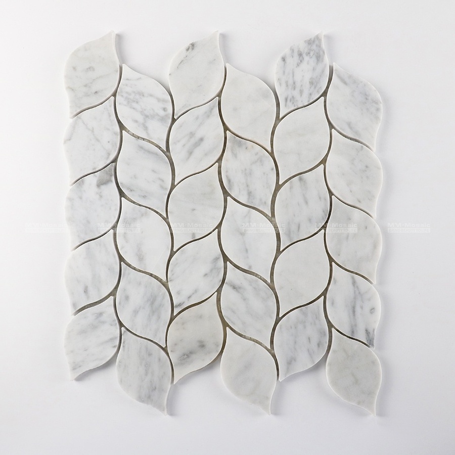 China Hot Popular Water Jet Natural Stone Carrara White Leaf Shaped Marble Mosaic Tiles For Backsplash Wall Floor Decor