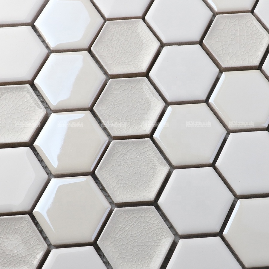 35mm White Tone Ice Crackle Mix Glossy Surface Hexagon Porcelain Mosaic Tile Wall For Home Decoration Project