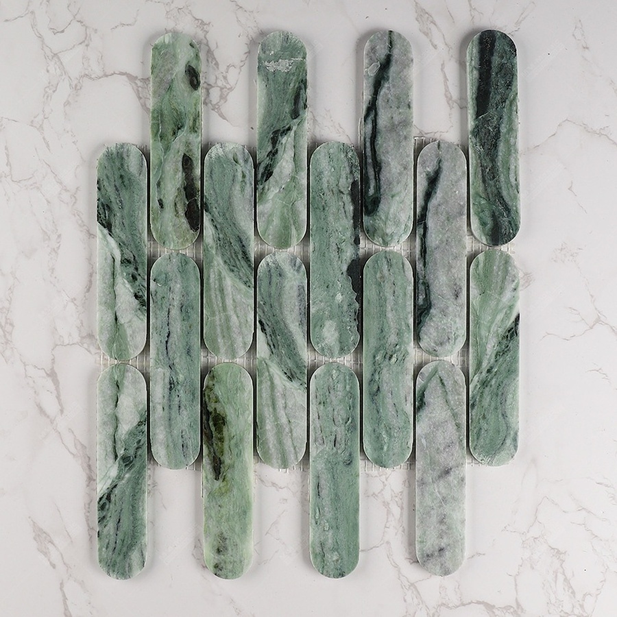 Modern Kitchen Backsplash Orient Ming Green Polished Honed Herringbone Long Oval Shape Wall Tile Marble Stone Mosaic Supplier