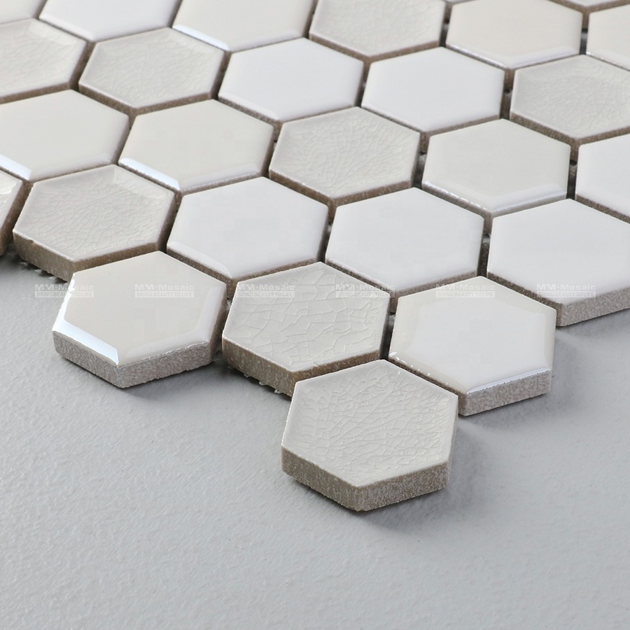 35mm White Tone Ice Crackle Mix Glossy Surface Hexagon Porcelain Mosaic Tile Wall For Home Decoration Project