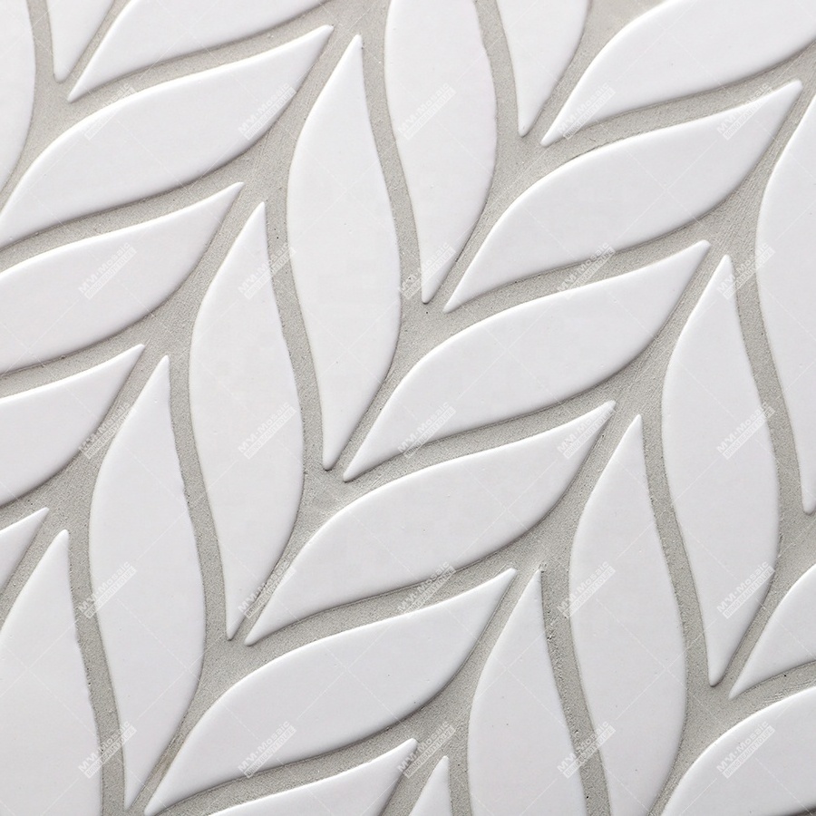 Foshan Cheap Factory Price Modern Leaf Shaped Porcelain Matte White Wall Shower Bathroom Decor Backsplash Kitchen Mosaic Tile