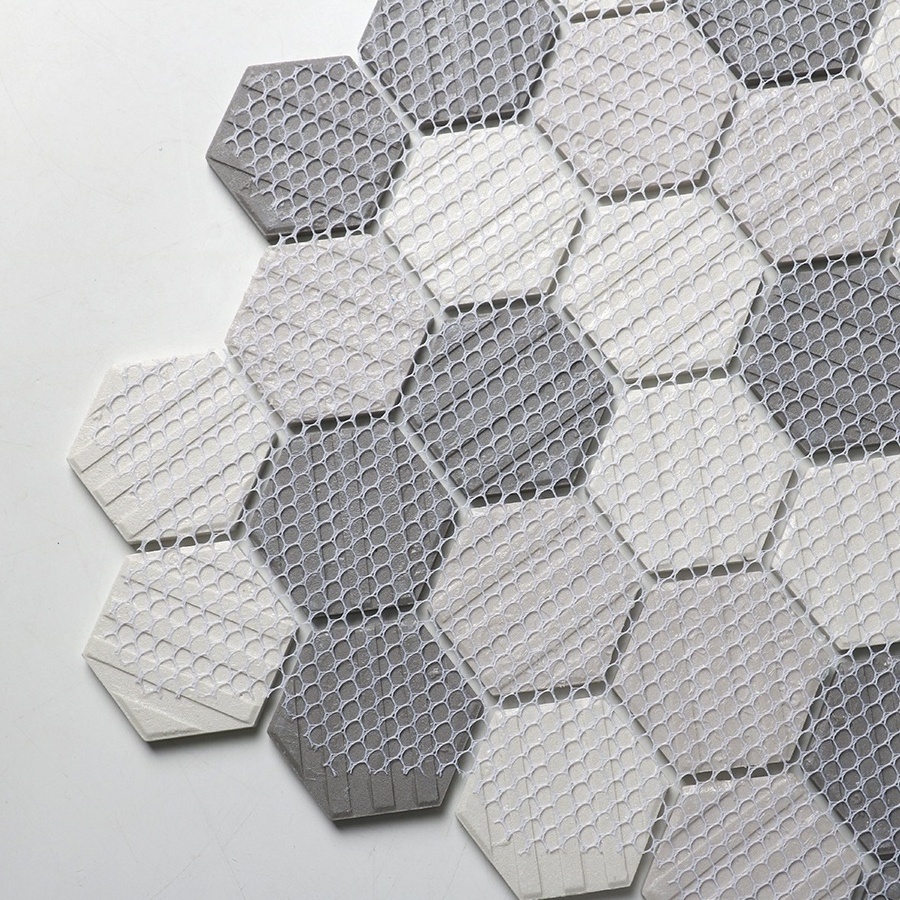 Free Sample China Wholesale Mixed Mozaic Flooring Design Cool Grey White Blend Fullbody Unglazed Porcelain Mosaic Tile Hexagon