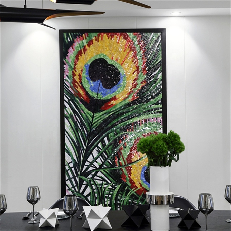 Custom Picture Flower Peacock Hand Cut Glass Mosaic Tile Mural Art Pattern Supplies For Modern Hotel Restaurant Wall Project