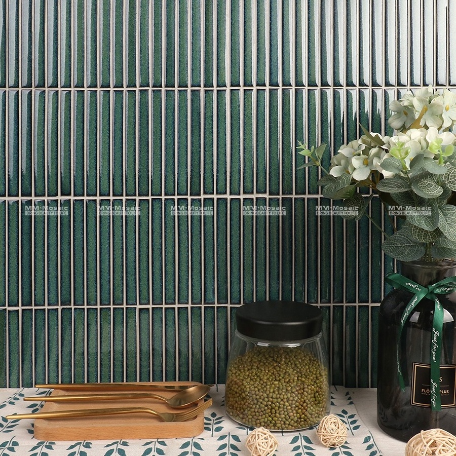 Premium modern bathroom shower wall backsplash 15x145mm porcelain glazed stackbond dark green finger mosaic tiles decorative