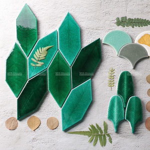 Picket Hand Made Glossy Glazed Green Crackle Porcelain Leaf Shape Mosaic Tile For Kitchen Backsplash Feature Wall Decor