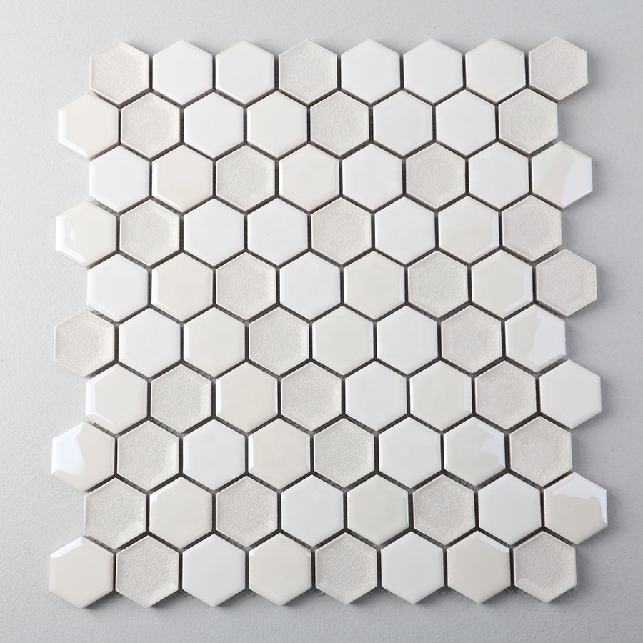 35mm White Tone Ice Crackle Mix Glossy Surface Hexagon Porcelain Mosaic Tile Wall For Home Decoration Project