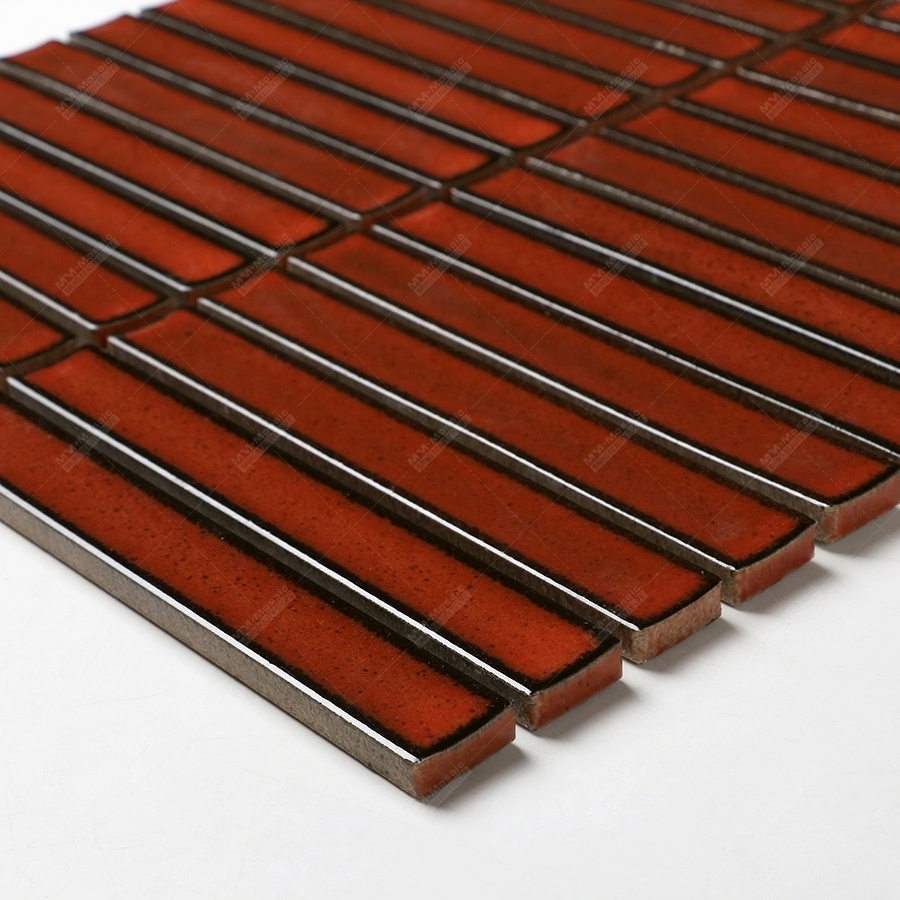 145*20mm Stackbond Fambe Glazed Ceramic Red Strip Finger Kit Kat Mosaic Tiles For Bathroom Backsplash Kitchen Bar Restaurant