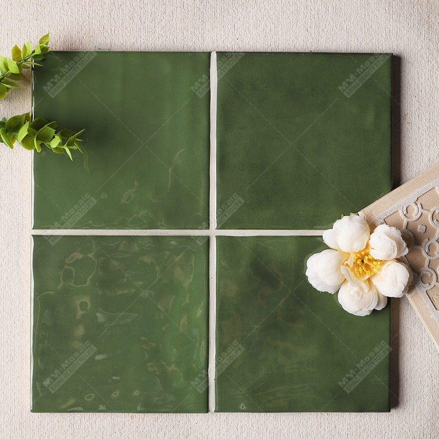 Modern Shower Bathroom Backsplash Wall 120x120mm Handmade Wavy Surface Porcelain Glazed High Glossy Green Small Square Tile