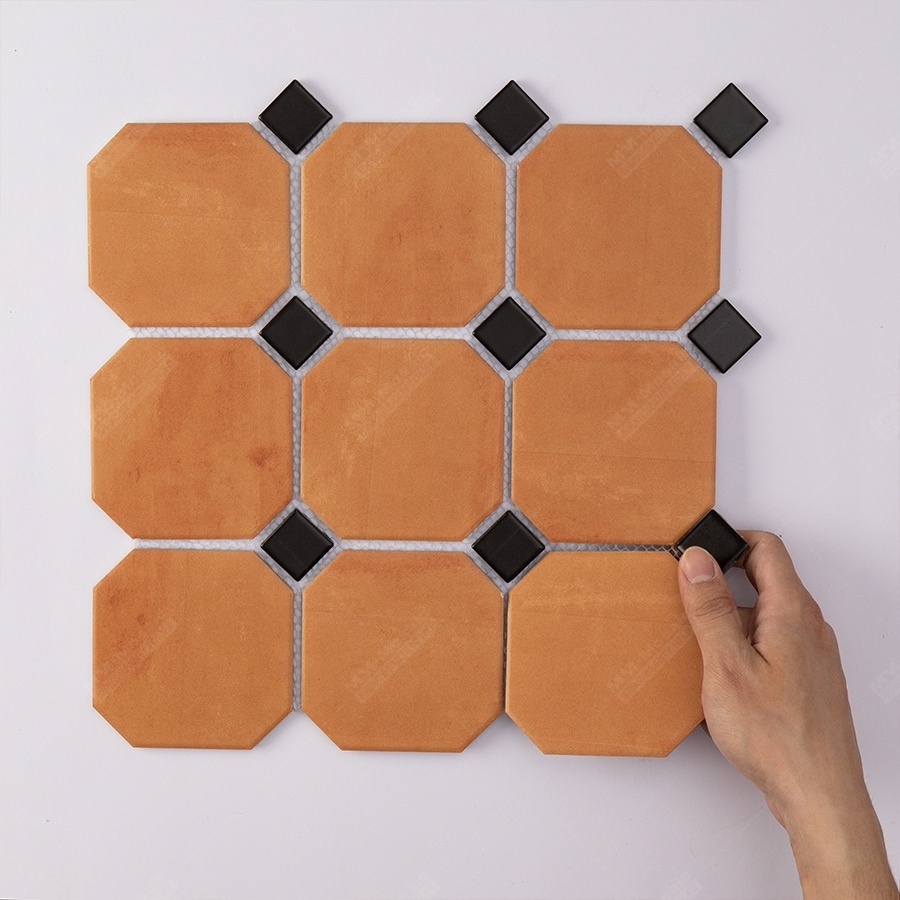 Modern Vintage Kitchen Backsplash Bathroom Wall Shower Floor Matte Glazed Terracotta Octagon Ceramic Mosaic Tile With Black Dot