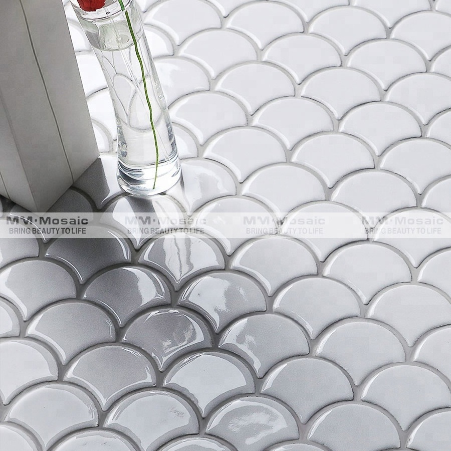 MM Mosaic Premium Mosaics Tile Supply Glossy Pure White Ceramic Fish Scale Tile For Bathroom Decoration