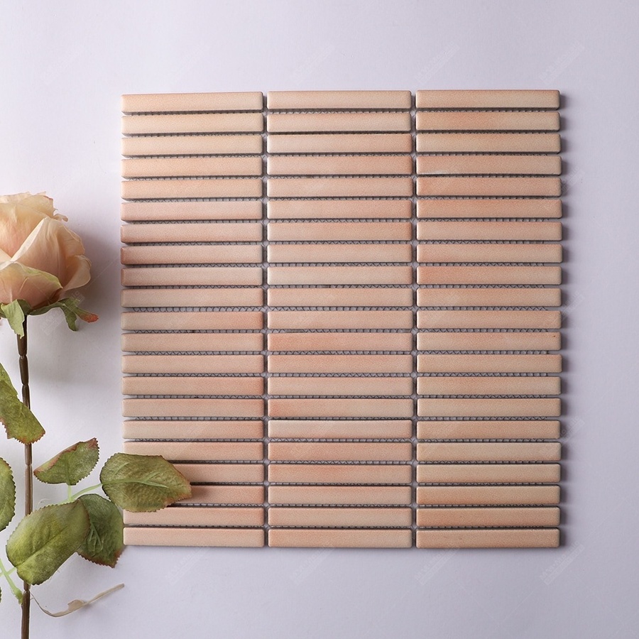 Factory Supply Bathroom Shower Wall Backsplash Peach Pink Matte Glaze Ceramic 12x92mm Stackbond Kit Kat Finger Strip Mosaic Tile