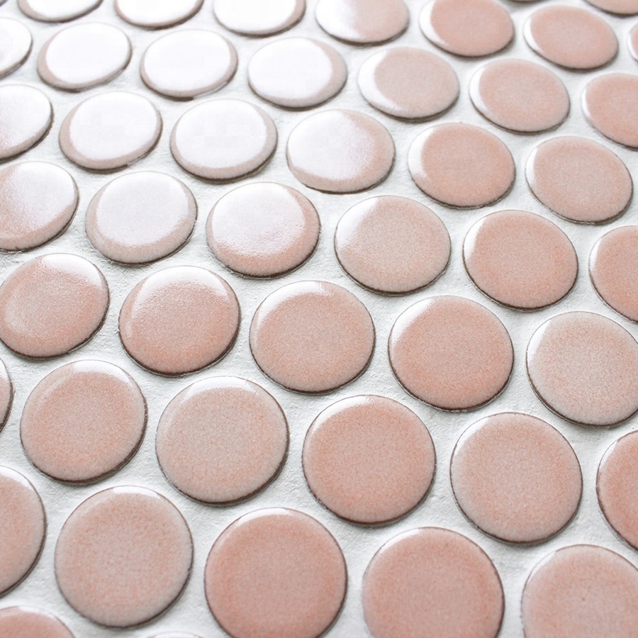 Foshan Nordic Kitchen Bathroom 28mm Penny Type Pink Backsplash Kiln Glazed Glossy Ceramic Wall Circular Round Mosaic Tile