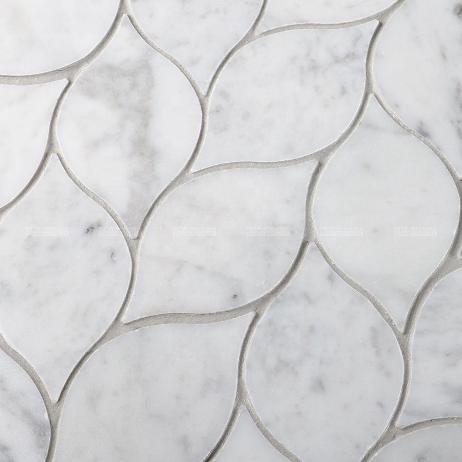 China Hot Popular Water Jet Natural Stone Carrara White Leaf Shaped Marble Mosaic Tiles For Backsplash Wall Floor Decor