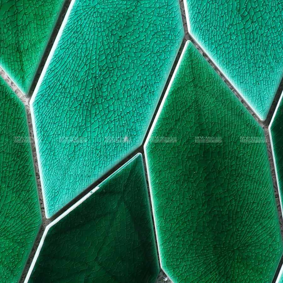 Picket Hand Made Glossy Glazed Green Crackle Porcelain Leaf Shape Mosaic Tile For Kitchen Backsplash Feature Wall Decor