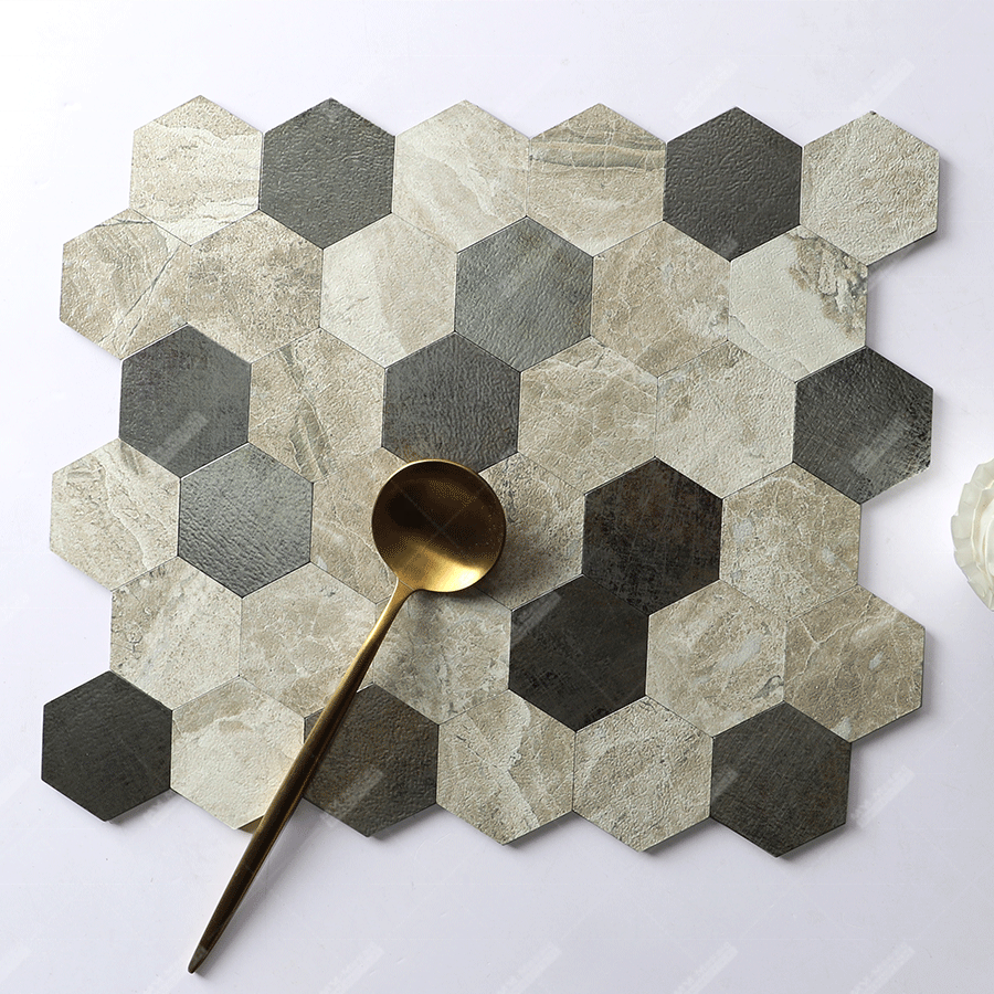 Wall Backsplash Decor 4mm Thick Hexagon Faux Stone Marble Spc Vinyl Waterproof Self-adhesive Peel And Stick Tile Mosaic Sticker