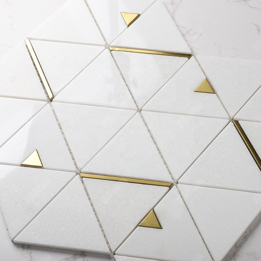 Foshan Factory Price Triangle White Waterjet Mosaic Marble Tile With Brass For Wall Backsplash Kitchen Bathroom Cafe Bar Design