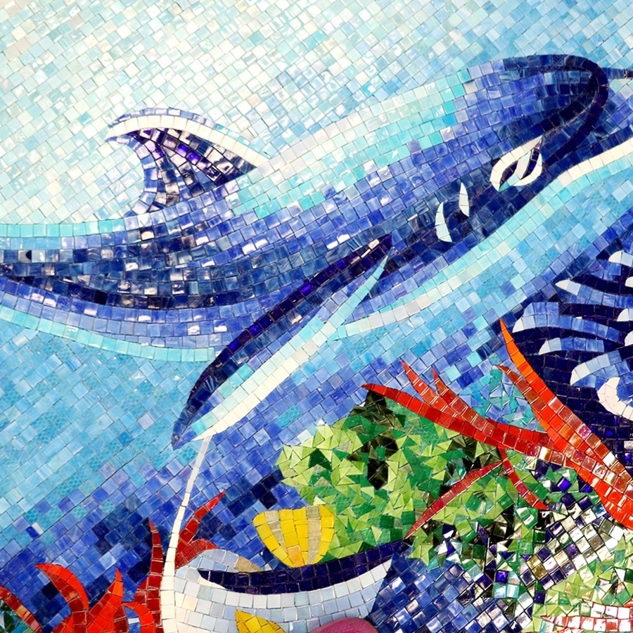 Custom Design Dolphin Fish Pattern Hand-cut Mosaic Art Glass Tile Ocean Mural For Living Room Wall Hotel Bathroom Swimming Pool