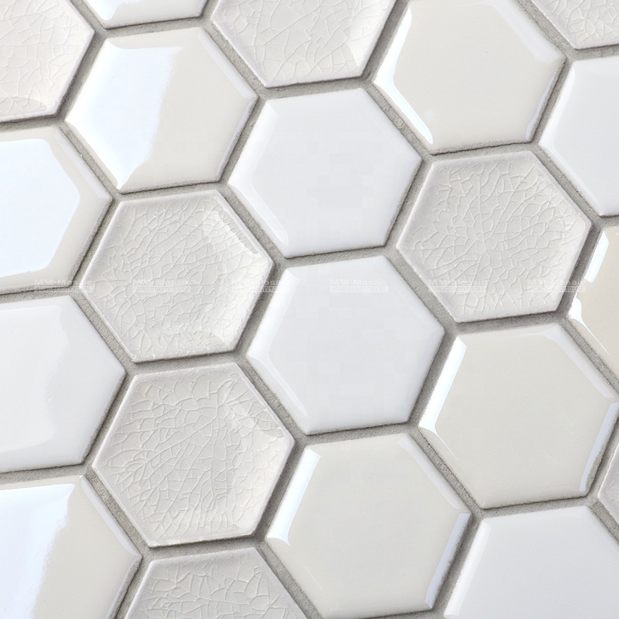 35mm White Tone Ice Crackle Mix Glossy Surface Hexagon Porcelain Mosaic Tile Wall For Home Decoration Project