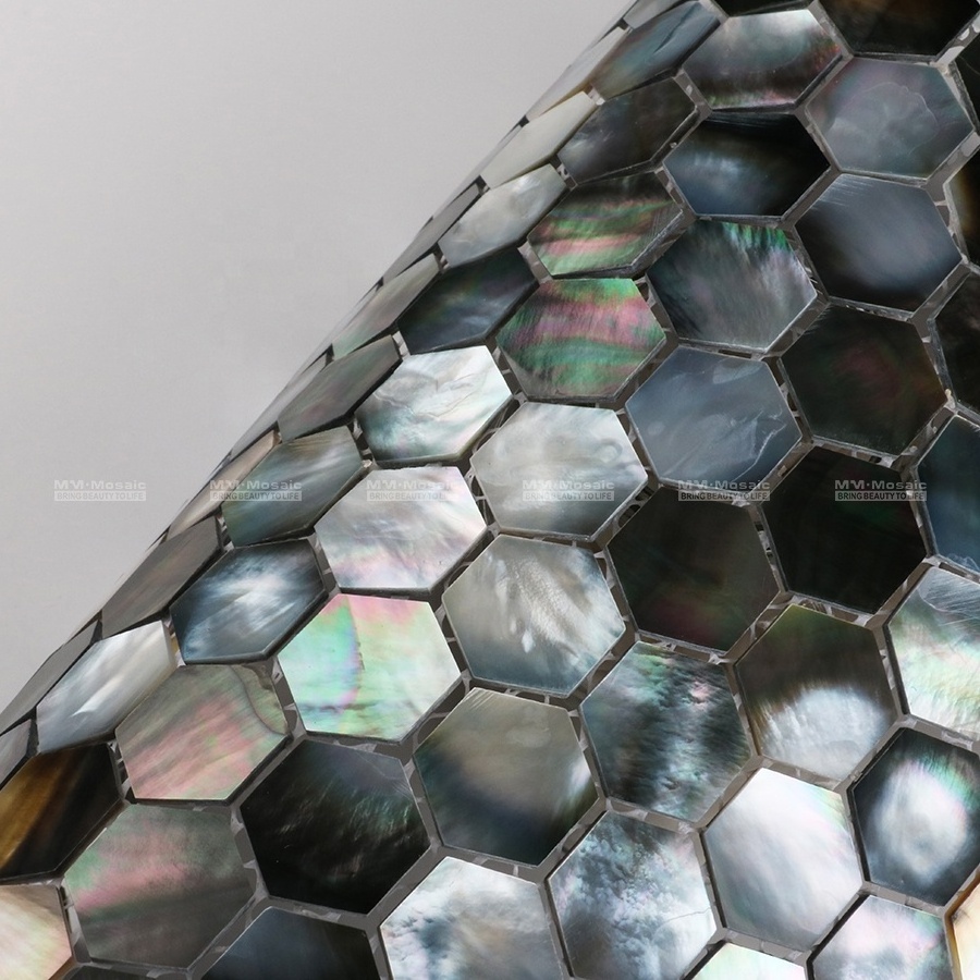 High-End Iridescent Black Lip Hexagon Mother Of Pearl Wall Mosaic Tiles For Commercial Hotel Restaurant Project