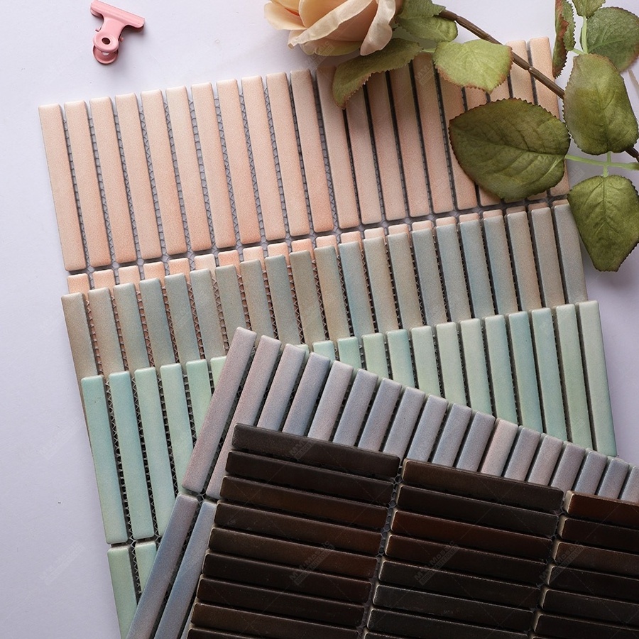 Factory Supply Bathroom Shower Wall Backsplash Peach Pink Matte Glaze Ceramic 12x92mm Stackbond Kit Kat Finger Strip Mosaic Tile