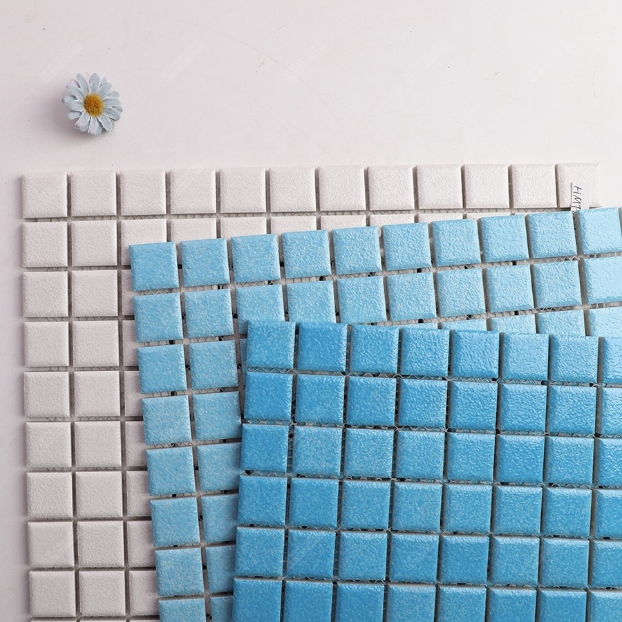 Rough Grain Anti-slip 23x23mm Square Pure Color Blue Swimming Pool Ceramic Mosaic Tiles For Bathroom Shower Wall Backsplash