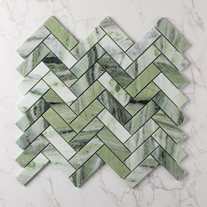 Modern Kitchen Backsplash Orient Ming Green Polished Honed Herringbone Long Oval Shape Wall Tile Marble Stone Mosaic Supplier