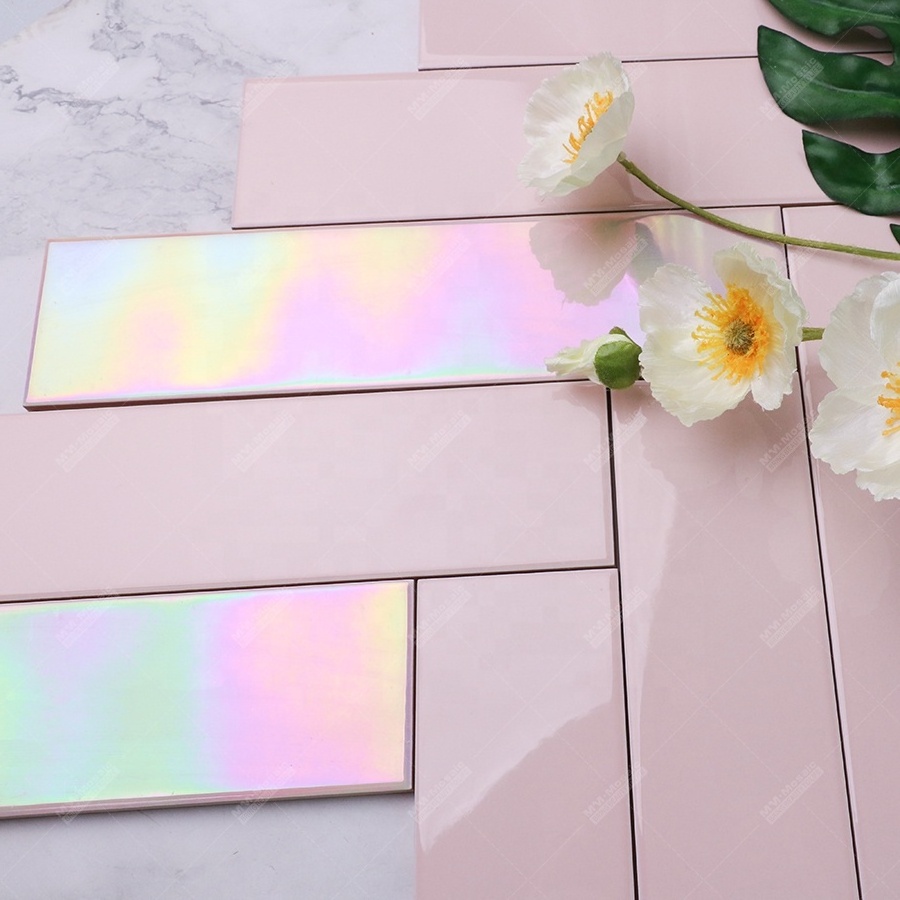 65*265mm Rainbow Iridescent Long Subway Pink Ceramic Bathroom Wall Tile For Backsplash Kitchen Restaurant Hotel Project