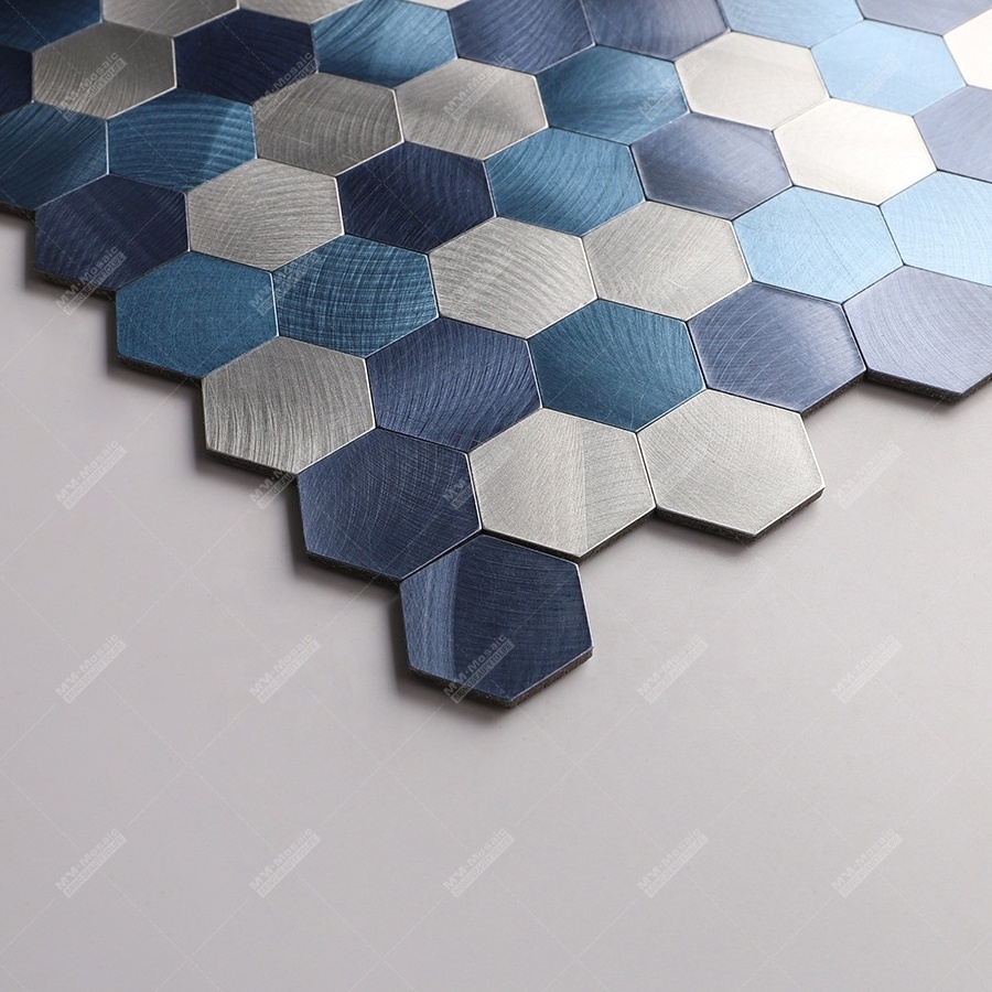 Hexagon Brushed Blue Aluminium Plastic PVC Self Adhesive Mosaic Peel And Stick Vinyl Tiles For Backsplash Wall Kitchen Bathroom