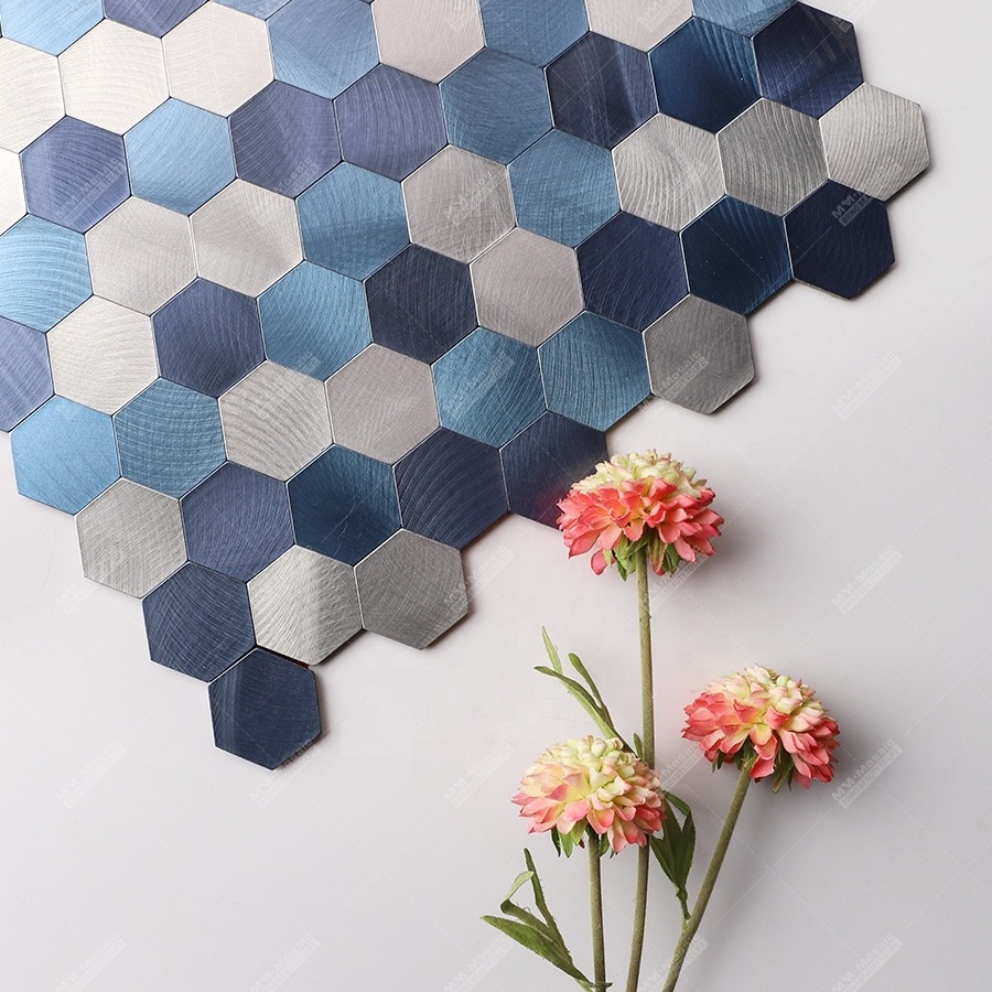 Hexagon Brushed Blue Aluminium Plastic PVC Self Adhesive Mosaic Peel And Stick Vinyl Tiles For Backsplash Wall Kitchen Bathroom