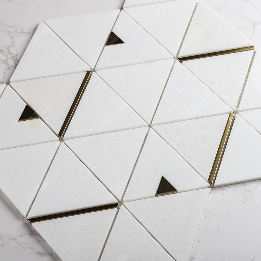 Foshan Factory Price Triangle White Waterjet Mosaic Marble Tile With Brass For Wall Backsplash Kitchen Bathroom Cafe Bar Design