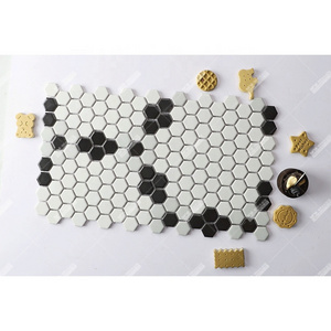 Customized Design Black White Hexagon Ceramic Tiles Art Mosaic Pattern Floor Mural For Hotel Kitchen Bathroom Backsplash Wall