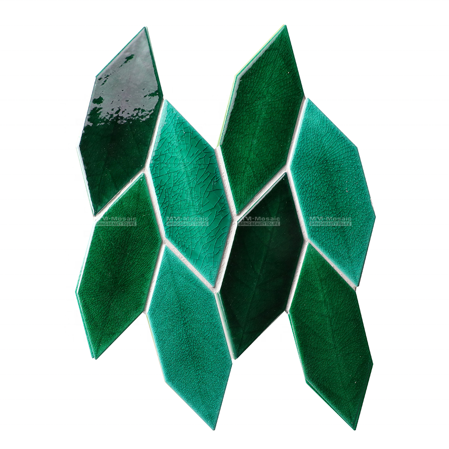 Picket Hand Made Glossy Glazed Green Crackle Porcelain Leaf Shape Mosaic Tile For Kitchen Backsplash Feature Wall Decor